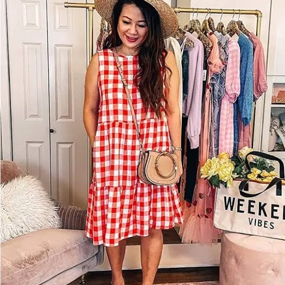 Pretty Garden Sleeveless Summer Dress NWT red white Buffalo plaid checked ruffle - Picture 3 of 9